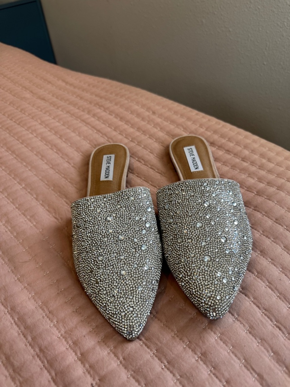 Steve Madden Silver Crystal Pointed Slip-On Mules